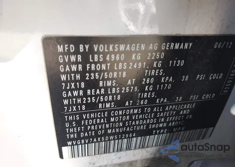 2013 Volkswagen Tiguan S/Se/Sel from USA, damaged, VIN WVGBV7AX5DW512964
